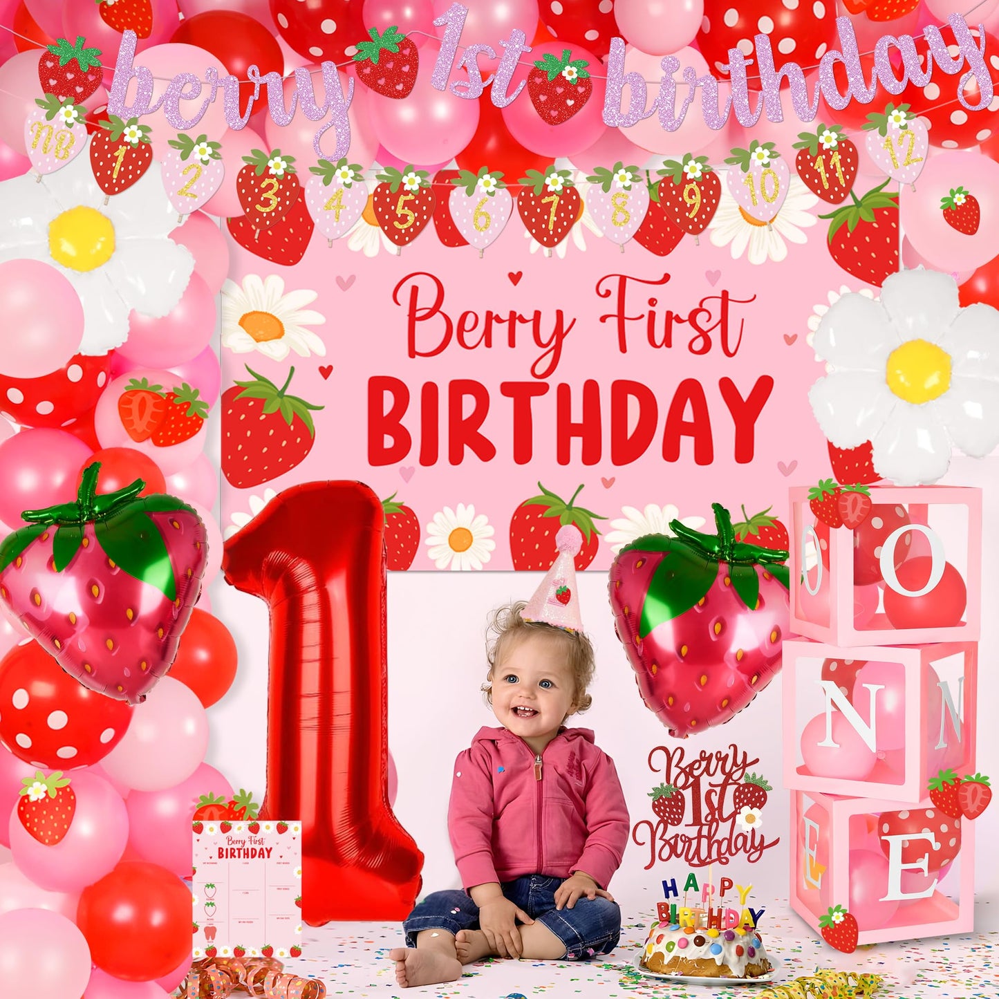 Kriyokiaa Berry First Birthday Decor Strawberry 1st Birthday Decorations for Girls, Sweet One Girls Birthday Party Supplies Strawberry Theme Backdrop Party Decor