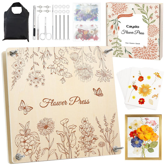 Caydo Wooden Flower Press Kit 11"x11" 10 Layers for Adults, DIY Bookmark Pressed Flower Frame – Preserves Wedding Funeral Bouquet & Plants, Leaves, Herbs for Handmade Crafts, Gift for Craft Lovers