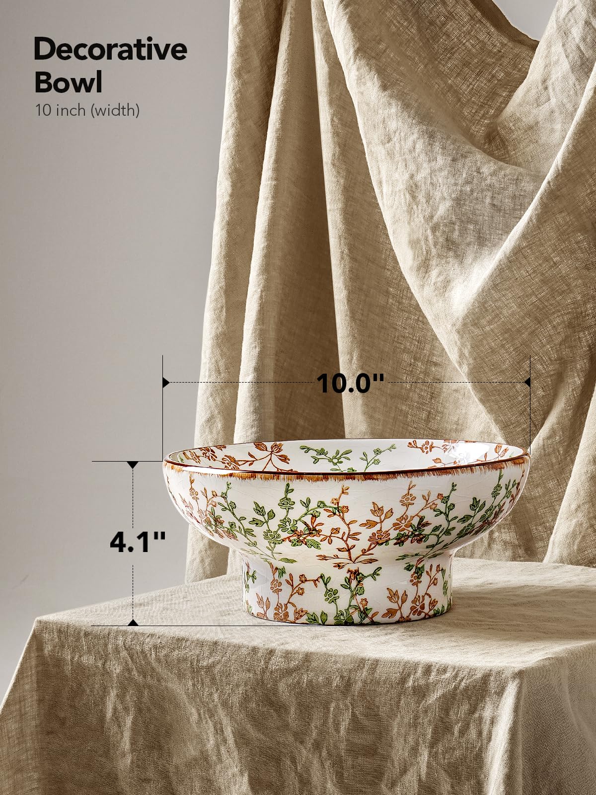 LE TAUCI 10" Ceramic Decorative Bowl, Key Bowl for Entryway, Handcrafted Sturdy Pedestal Bowl, French Country Fruit Bowl for Kitchen Counter, Centerpiece, Vine Green