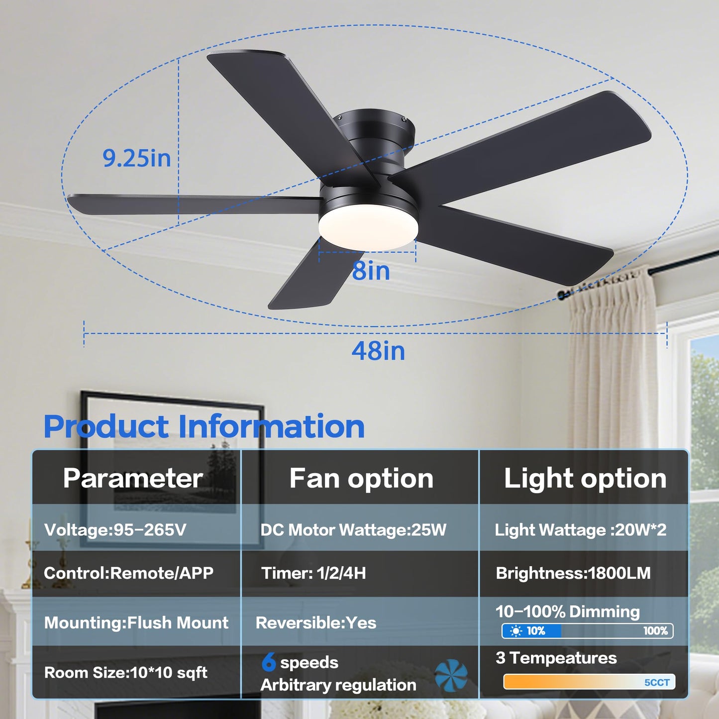 Ayaoty Ceiling Fans with Lights - 48" Black Flush Mount Ceiling Fan Light with 6 Speeds 3CCT Dimmable, Revesible Motor, Low Profile Fan Light for Modern Indoor Bedroom, Kitchen
