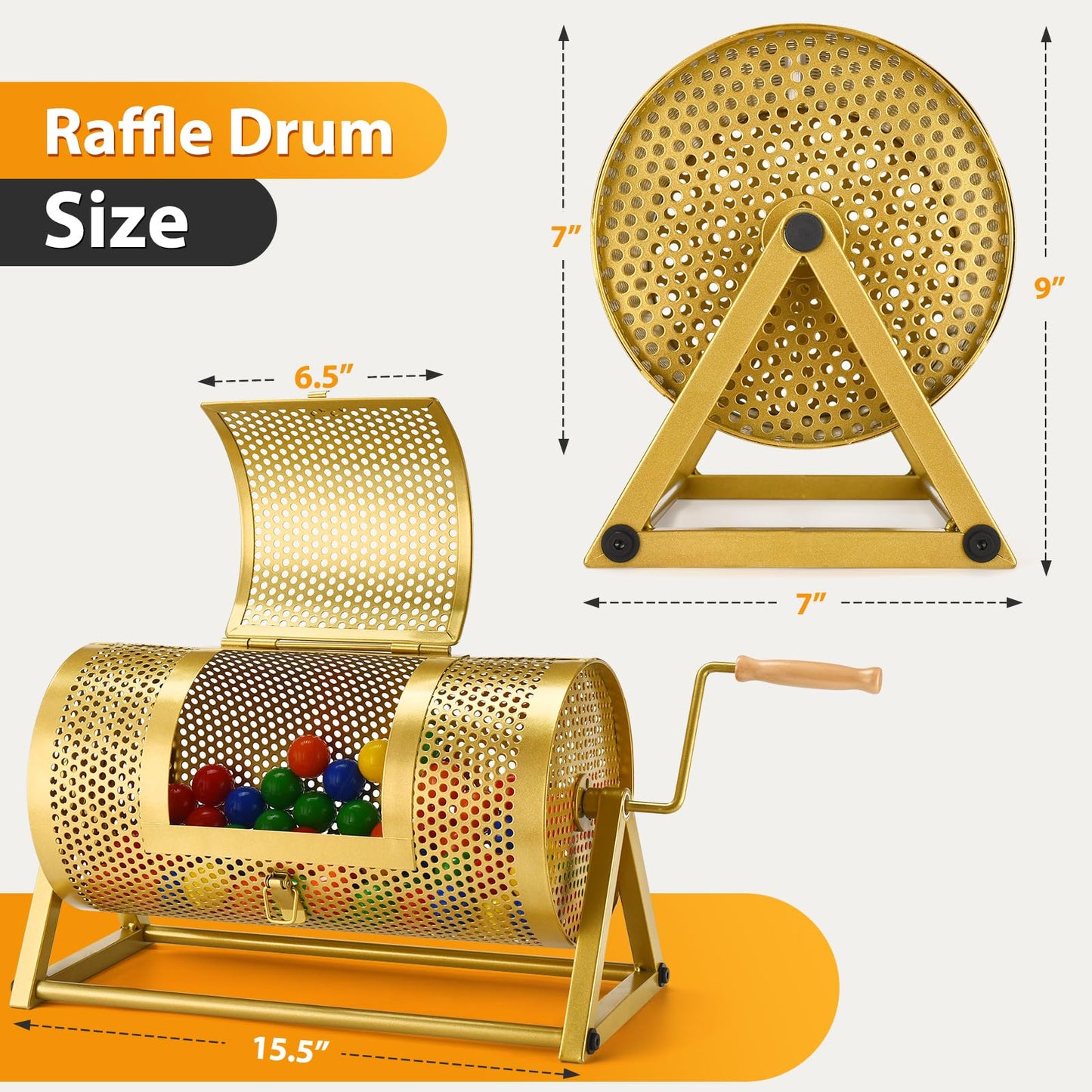 Raffle Drum, Thickened Metal Raffle Ticket Spinner Box with Sealing Tape, Silent Design Raffle Ticket Cage with Wooden Turning Handle & Stable Tripod Stand for Lottery Games, Raffle Balls