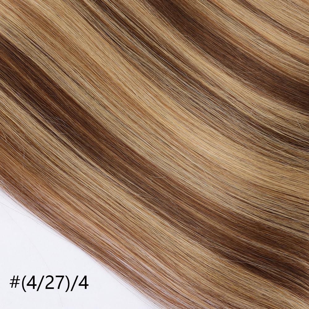 ORIGEN Clip in Hair Extensions Real Remy Human Hair Chocolate Brown to Caramel Blonde Highlights Straight Hair for Women 7pcs 120g 16 Inches