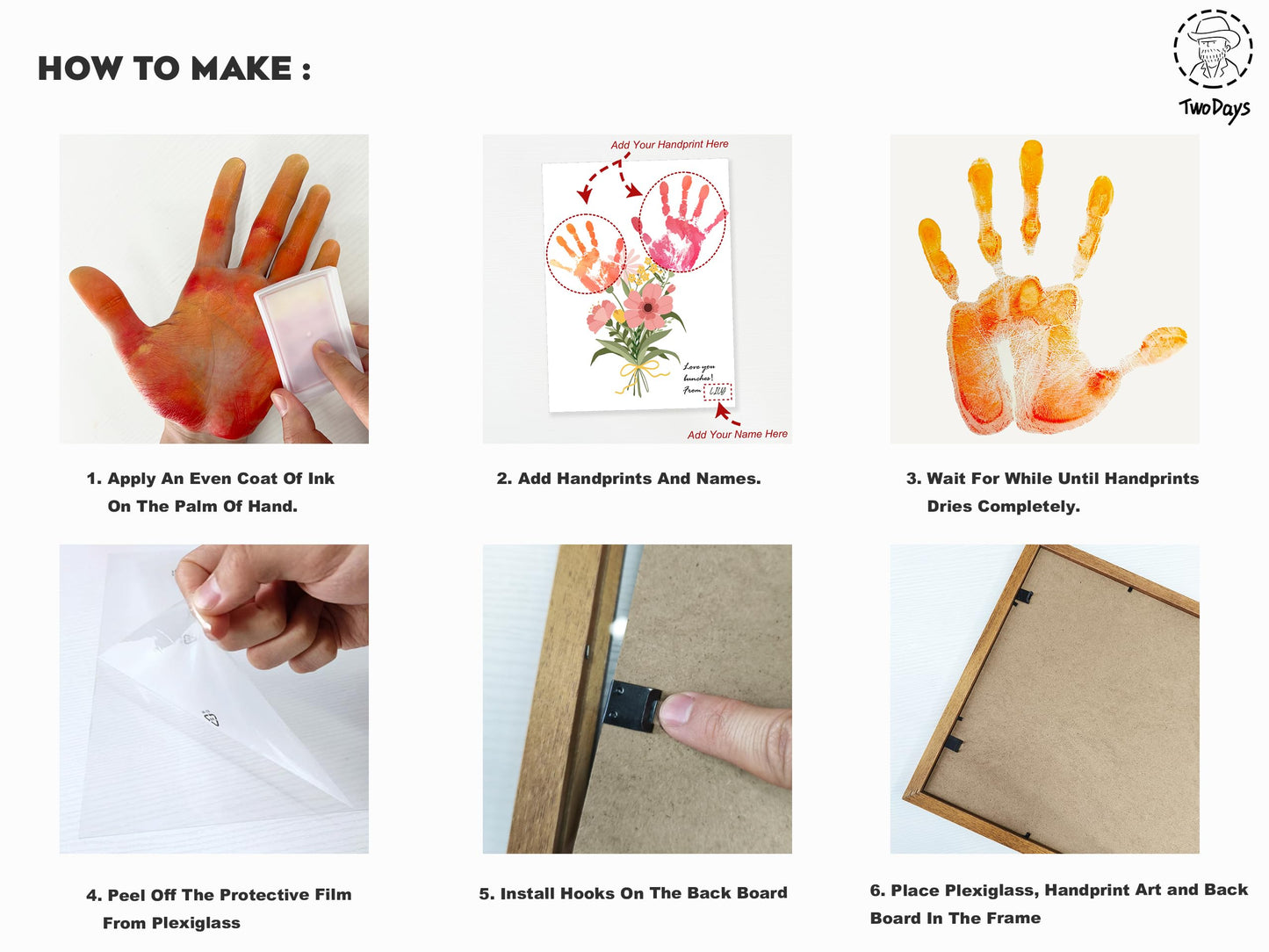 TwoDays Flower Bouquet Handprint Art Craft DIY Kit, Unique Gifts for Mom from Daughter or Son for Mother's Day Birthday Christmas, Gift for Grandma. (Floral-1, Brown)