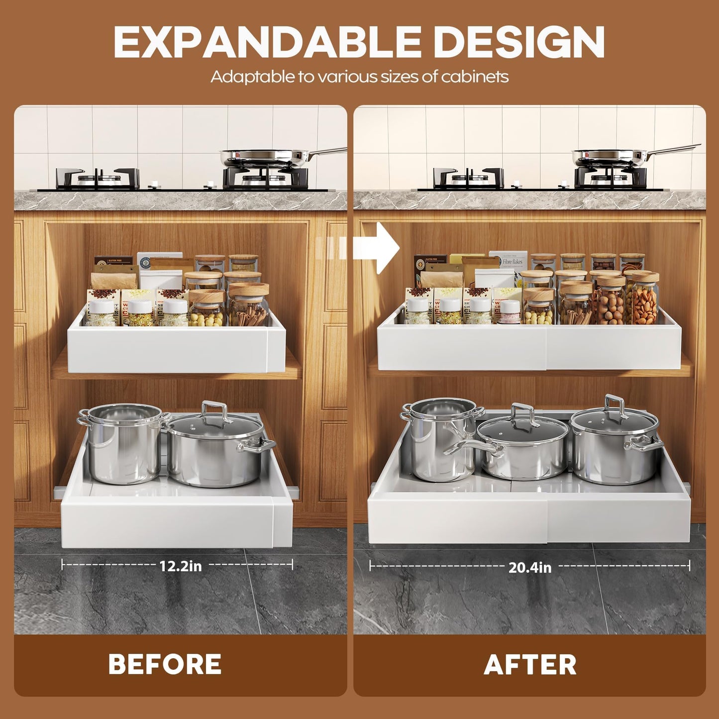 Seinloes 2 Pack Expandable Pull Out Cabinet Organizer 16.5"Deep with Raising Pad for Framed Cabinets,Upgrade 3 Slide Rails Slide Out Drawers,Roll Out Shelves Adhesive,Adjustable Width 12.2"-20.4"White