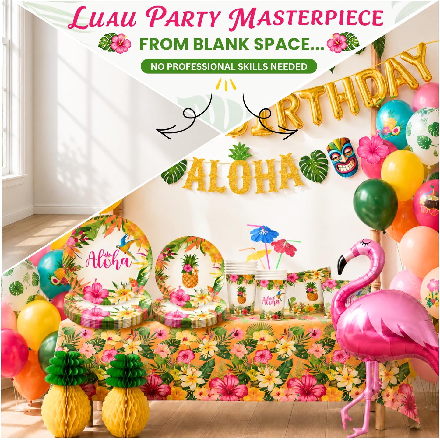 RainMeadow Premium Luau Birthday Party Decorations Set for 25 guests - Hawaiian Theme with Aloha Banner, Balloons, Flamingo, Tableware - Tropical Luau Party Supplies