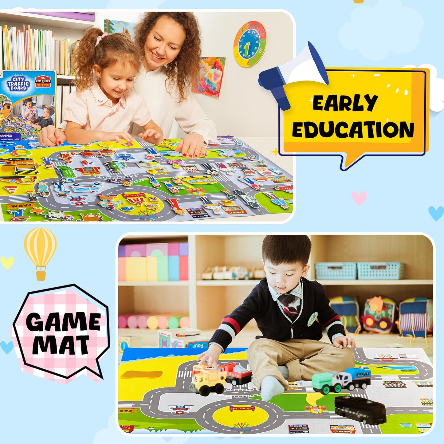 Felt Flannel Board Set for Toddlers,95 Felt Story Pieces,40*28in Wall Flannel Board ,My City Life Story,City Transportation Vehicles,Career Image Dress-Up,Zoo,Learning Interactive Storytelling