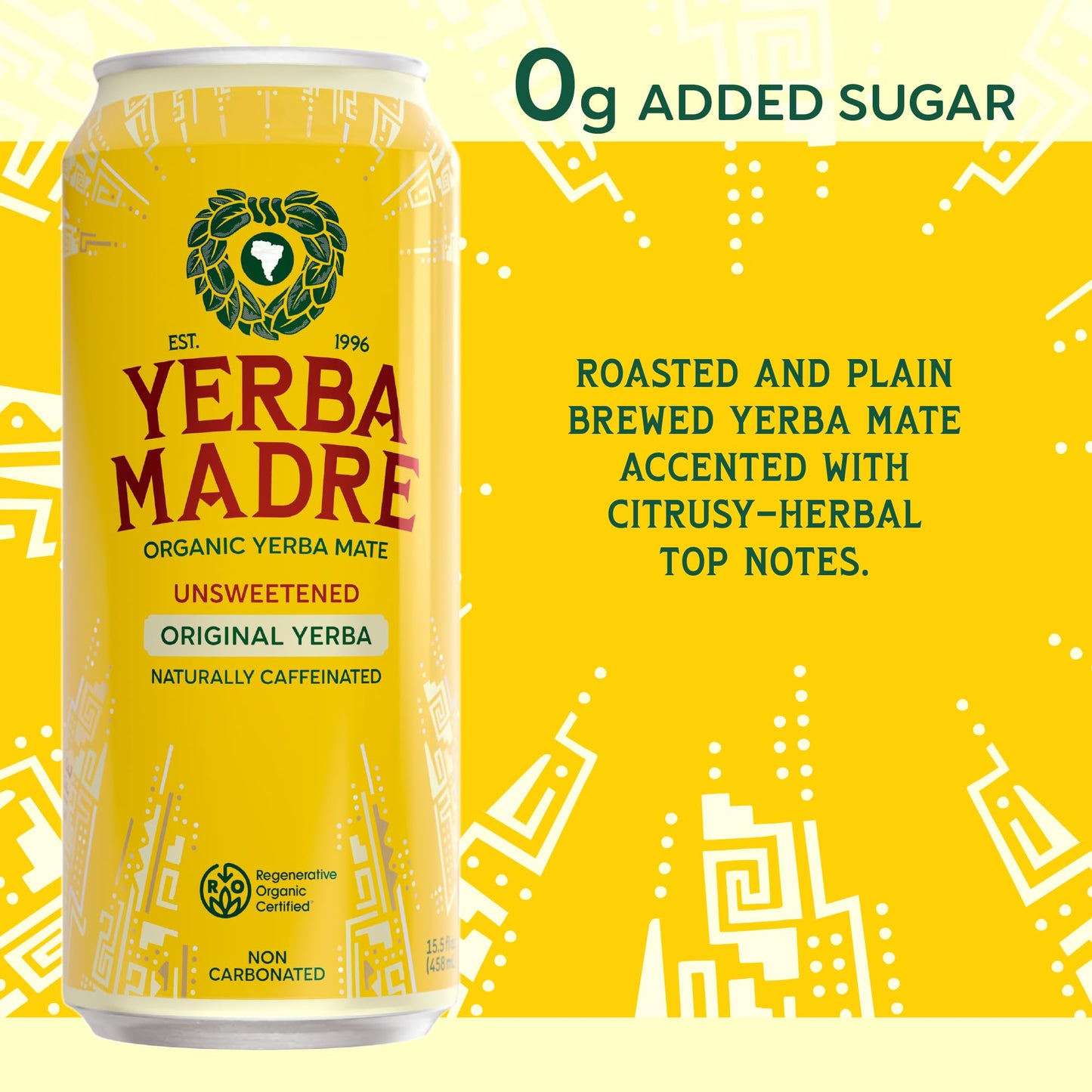 Yerba Madre Organic Yerba Mate, Energy Drink Alternative, Unsweetened Original Yerba, 150mg Plant Based Caffeine, Smooth Energy & Focus, No Jitters or Crash, 15.5oz Cans (Pack of 12)