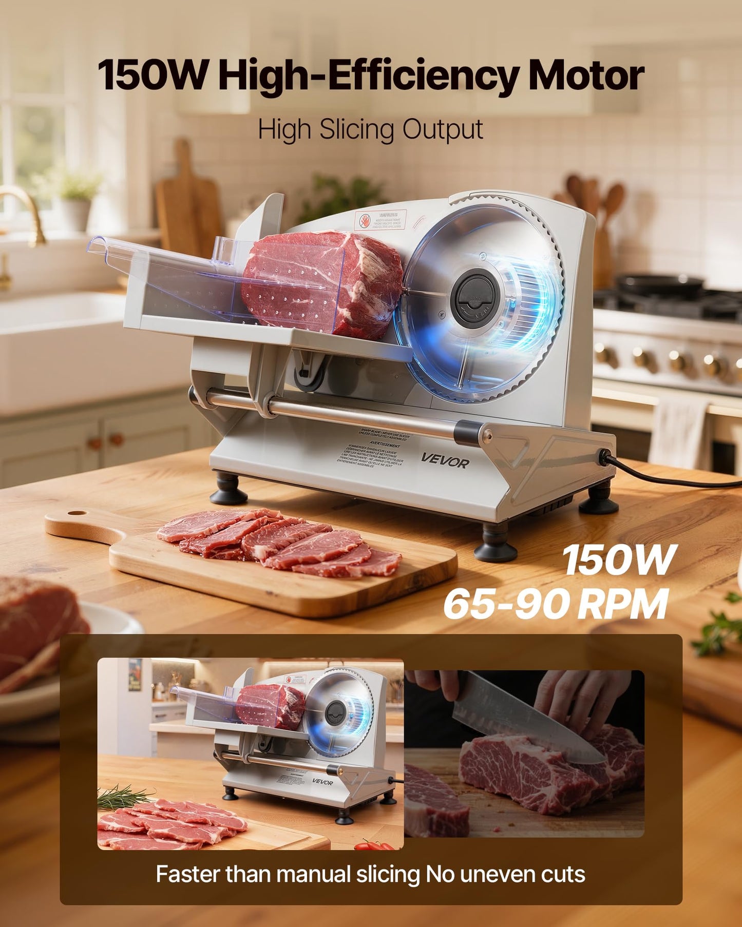 VEVOR Meat Slicer, 6.7" Electric Deli Slicer Machine with 2 SUS420 Blades, 0-0.6 inch Adjustable Thickness, 150W Home Food-Slicer for Meat, Ham, Baguett, Steak, ETL Approved