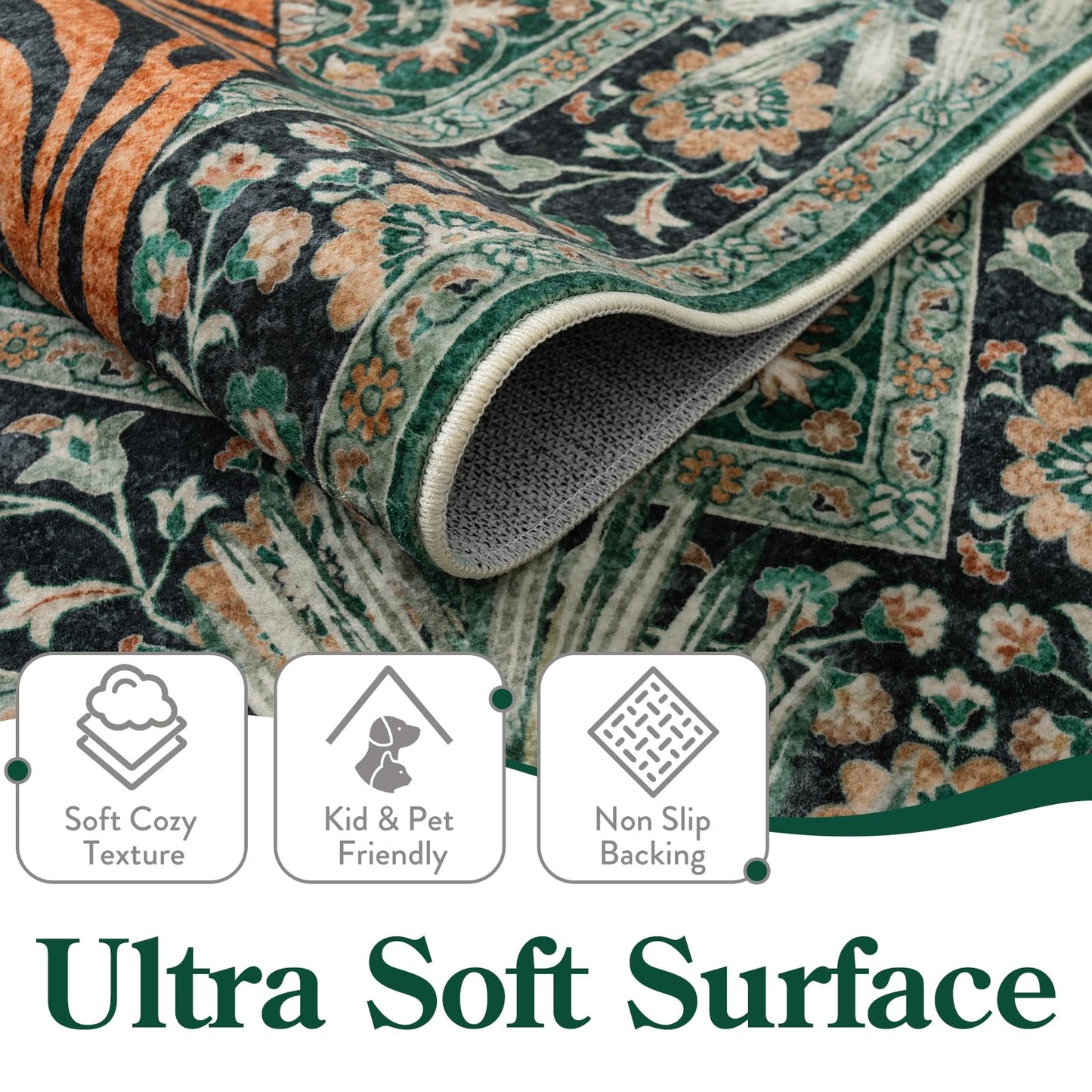 Moynesa Tiger 3x5 Washable Rug, Boho Area Rugs for Entryway, Green Non Slip Small Rug for Bedroom, Ultra Thin Botanical Soft Accent Carpet for Kitchen Entry Laundry Room