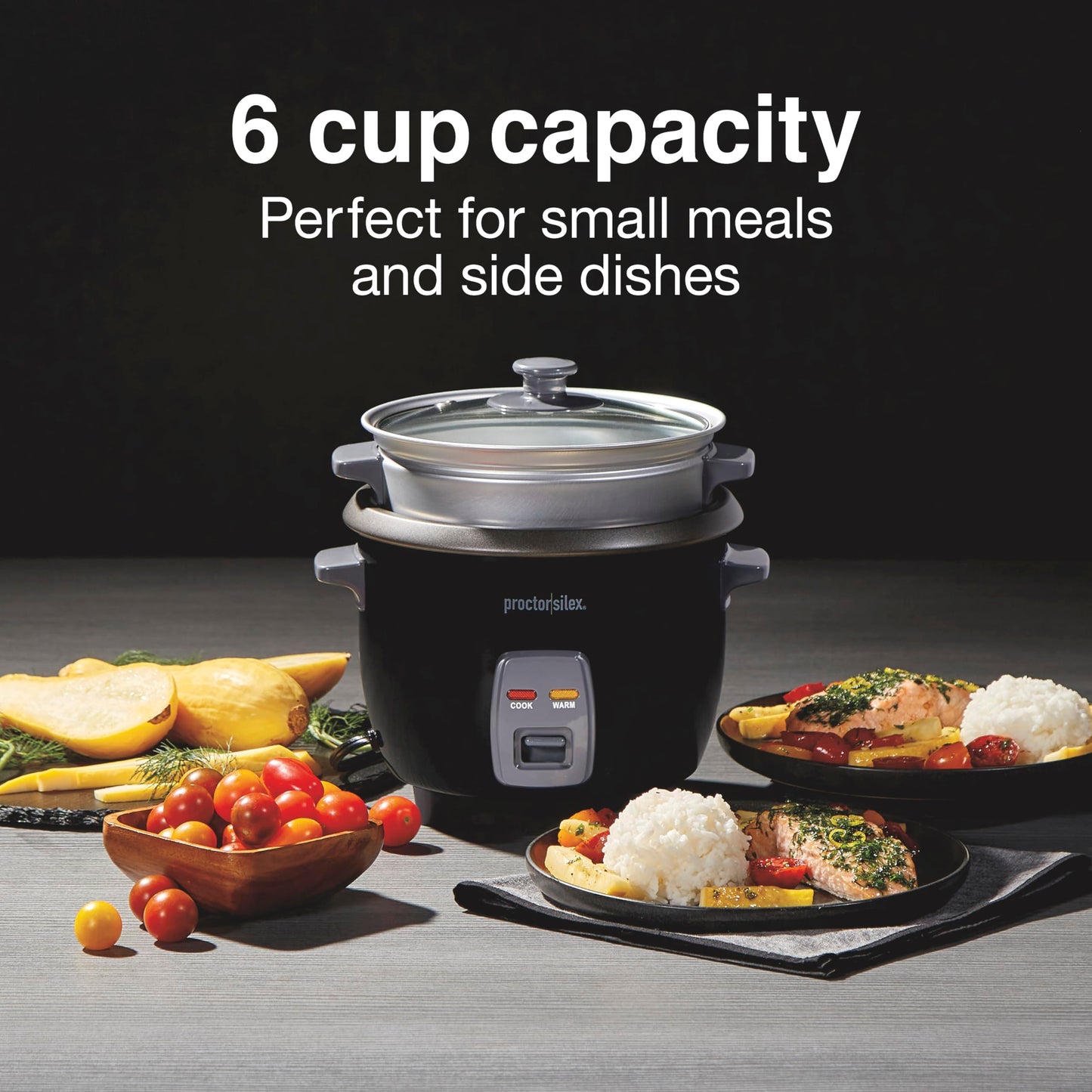 Proctor Silex Rice Cooker & Food Steamer, 6 Cups Cooked (3 Cups Uncooked), Includes Steam and Rinsing Basket, Black (37510)