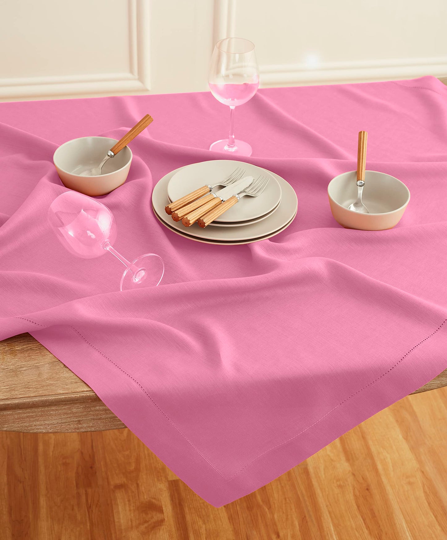 Solino Home Square Linen Tablecloth 52 x 52 Inch - 100% Pure Linen Flamingo Pink Table Throw - Classic Hemstitch, Machine Washable Table Cloth for Summer