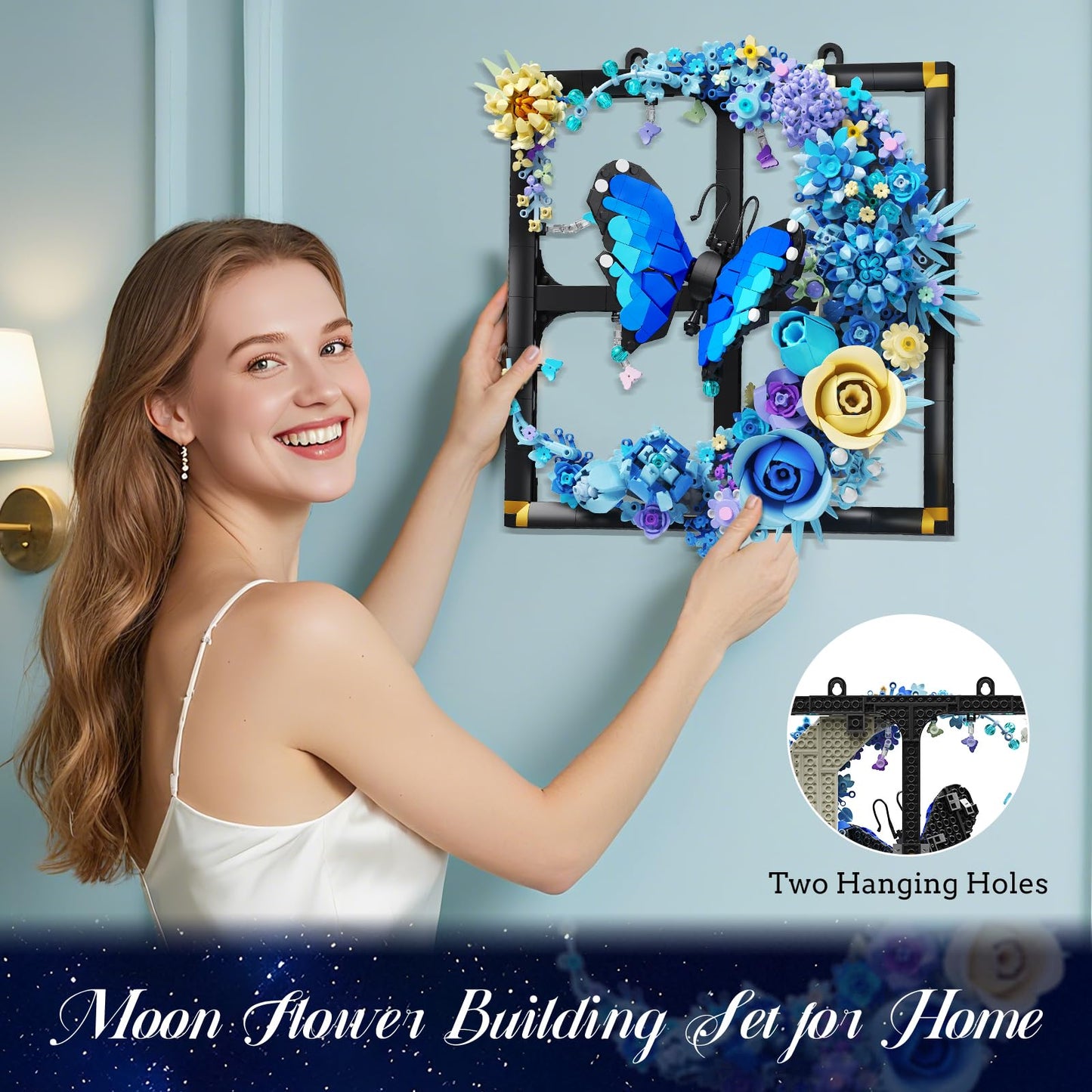 PLAXSOON Moon Flower Building Set with Lights, 1202 PCS Wall Botanical Flowers Building Block Kit with Butterfly, Floral Plant Office Home Decor for Her Adults Women Boys Girls 12+