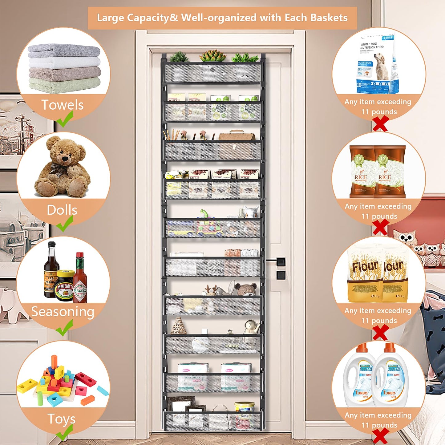 DAOTENGQL 10-tier Over The Door Pantry Organizer with Mesh Baskets, Adjustable & Stable Hanging Spice Rack for Kitchen, Bathroom, Bedroom, and Baby Essentials Storage (16" W 10-Tiers, Black)