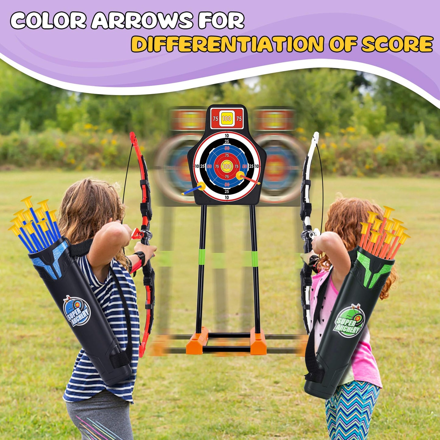2 Bow and Arrow Set with Standing Moving Lens and 2 Colors, 20 Suction Cup Arrows, Lighted Archery Toys for Kids Ages 4-12 Boys Girls Indoor Outdoor