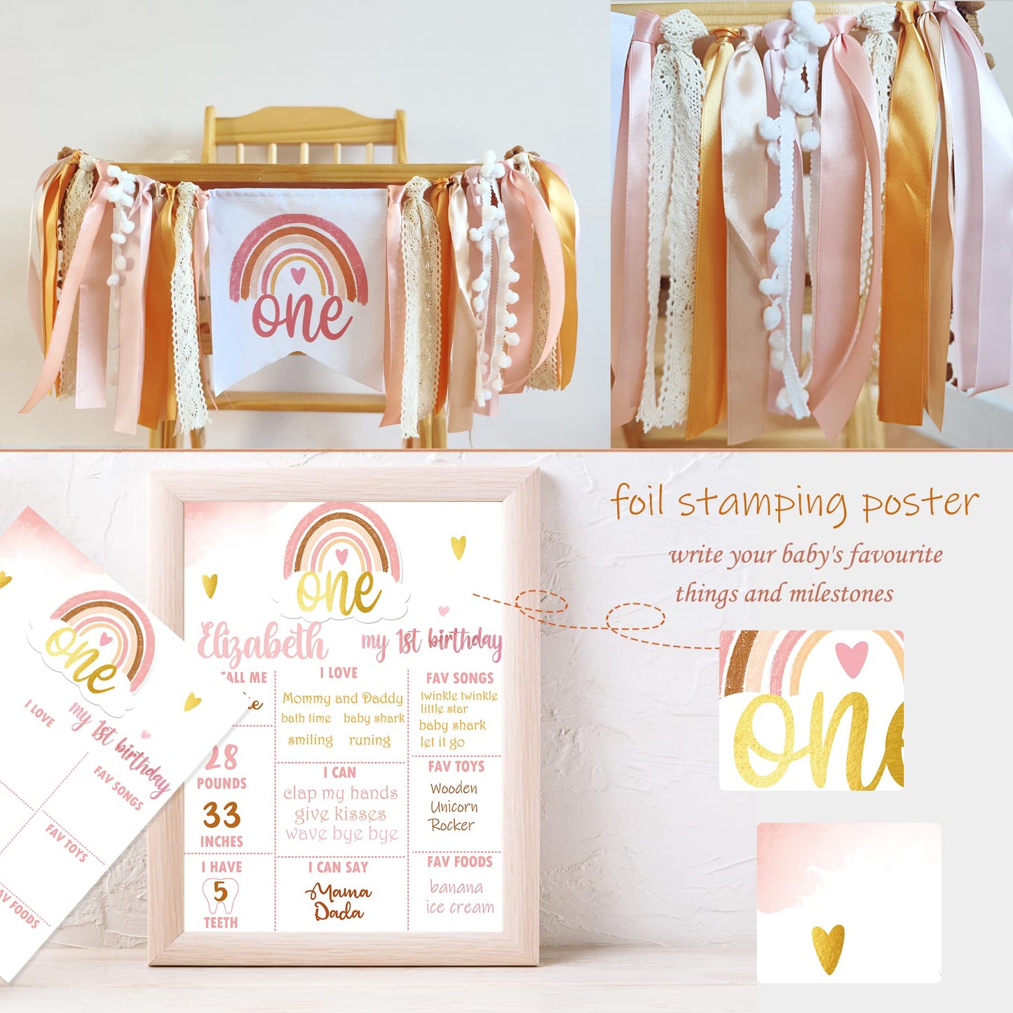 YJDFWAUT Boho Rainbow 1st Birthday Decorations, Bohemian First Decorations, Bohemian Rainbow Baby Monthly Milestone Photo Banner Highchair Banner, Neutral Rainbow Cake Topper Bohemian Crown Hat for Baby Girls First Birthday