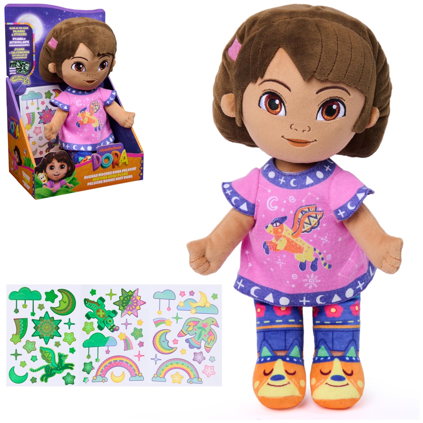 Nickelodeon Dora Official Bedtime Dora Plush Toy, Educational Toys, Glow-in-The-Dark Plush Doll, Sensory Toy for Ages 3 and Up, 13”