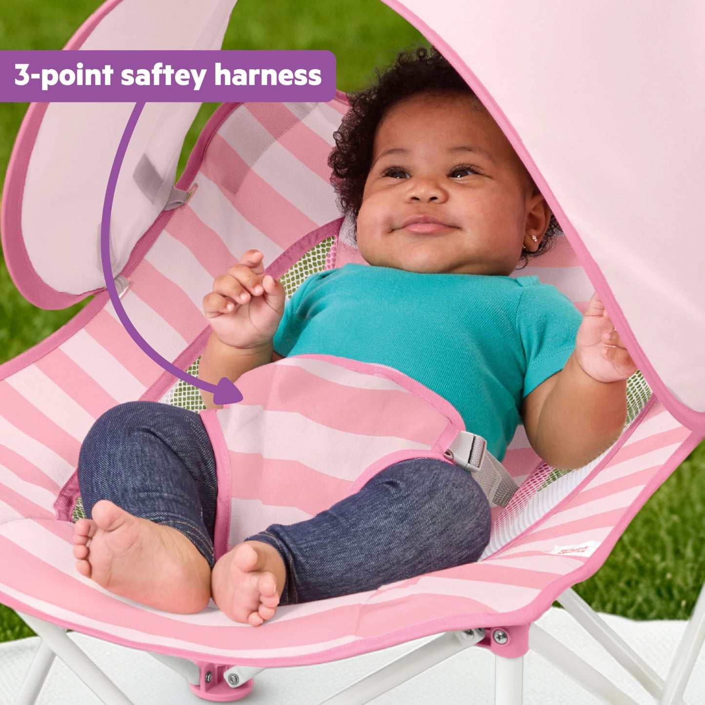 Bright Starts Pop ’N Chill Baby Chair Travel Seat, Indoor/Outdoor Use, Portable Infant Seat with Removable UPF 50+ Canopy, Pink, 0-6 Months