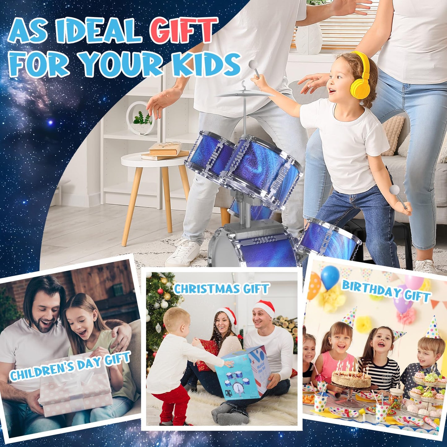 Kids Drum Set for Toddlers 1-3 Musical Jazz Drum with Stool Toys for 2-5 4-6 5-7 Boys Girls Birthday, Blue