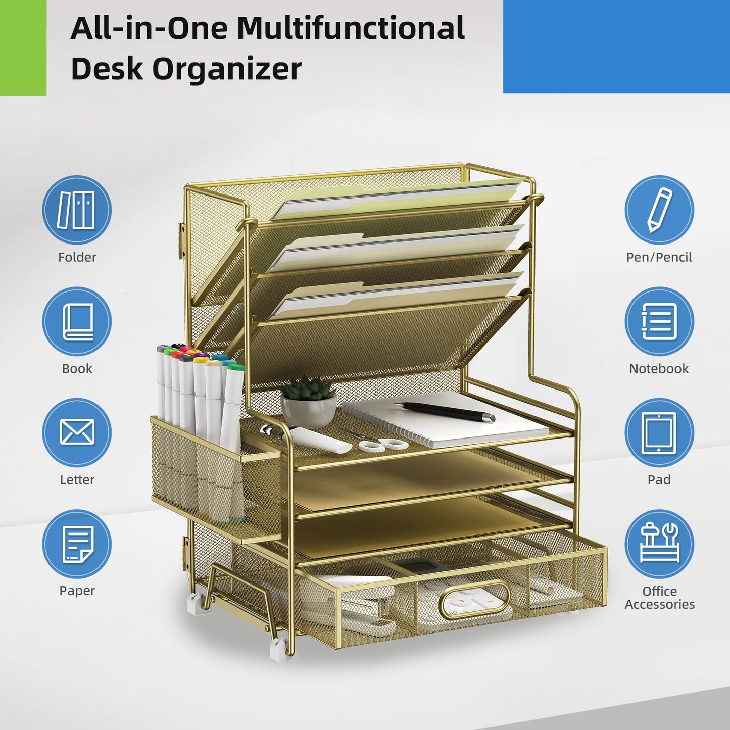MINDEPOT 4-Tier Paper Organizer + 3-Pocket File Holder + Drawer + Pen Holders, Desktop File Organizers Paper Tray for Office Supplies School Classroom Organization (Gold, with Drawer & Pen Holder)