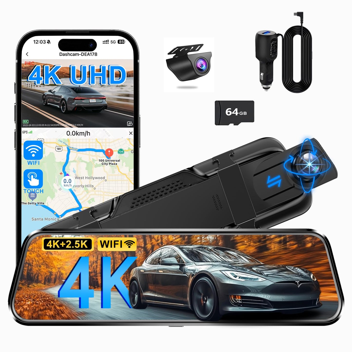 Mirror Dual Dash Camera for Car, Dashcam 4K Front 2.5K IMX307 Rear View/ADAS BSD LCA Wi-Fi&APP WDR Night Vision G-Sensor Loop Recording Parking Monitor 64GB Card
