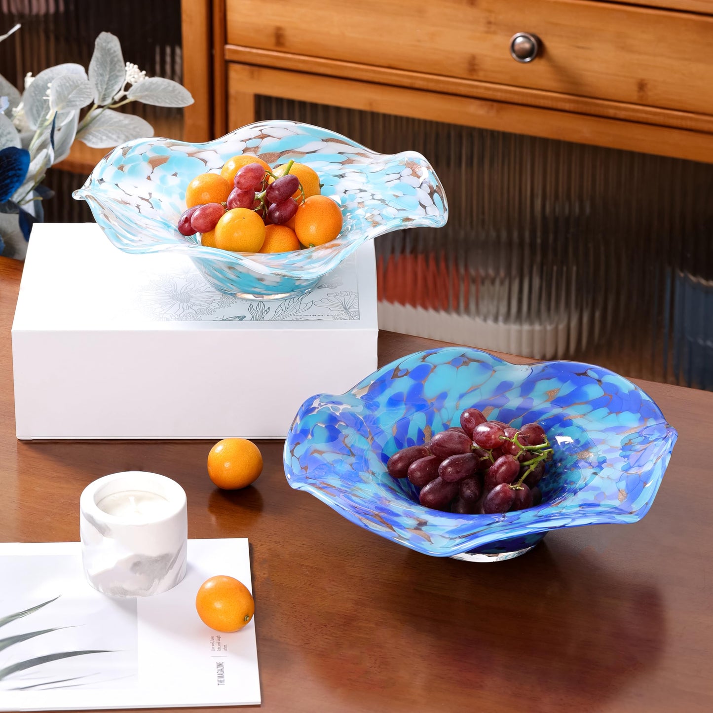 ORRFIDDY Hand Blown Murano-style Art Glass Bowl, 10.2-Inch Large Decorative Centerpiece for Table, Cobalt Blue Fruit Display & Kitchen Counter Decor