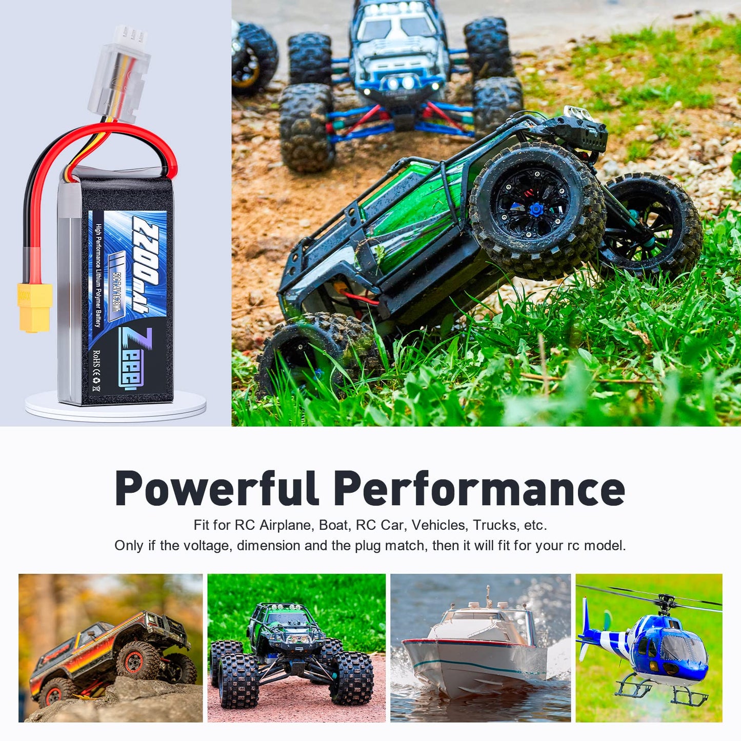 Zeee 2S Lipo Battery 2200mAh 7.4V 50C Shorty Pack Battery with XT60 Connector Soft Pack for 1/16 Slash RC Car RC Truck RC Helicopter Airplane Quadcopter Drone RC Boat Racing Models (2 Pack)
