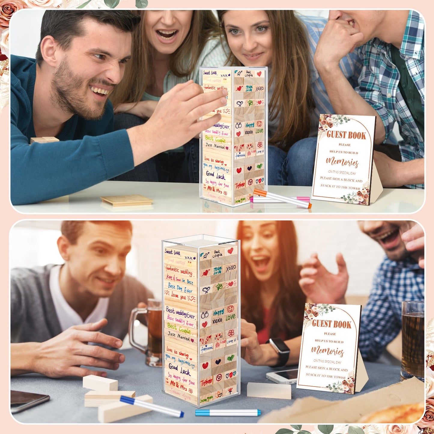 Beeveer 80 Pcs Wedding Guest Book Alternative Wooden Block Guest Book for Wedding Sign in Bridal Shower Decoration 54 Pcs Wooden Block Bridal Shower Game for Sign in, Reception(Rustic)