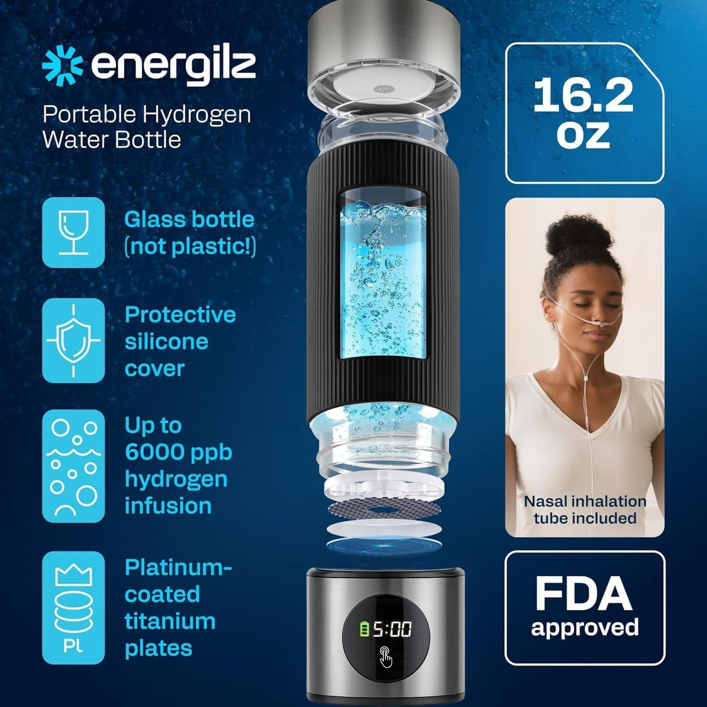 Energilz Hydrogen Water Bottle | 16.2 oz (480 ml) Hydrogen Water Generator | 6000 PPB Hydrogenator Machine | SPE/PEM Ionizer Generator (Silver)