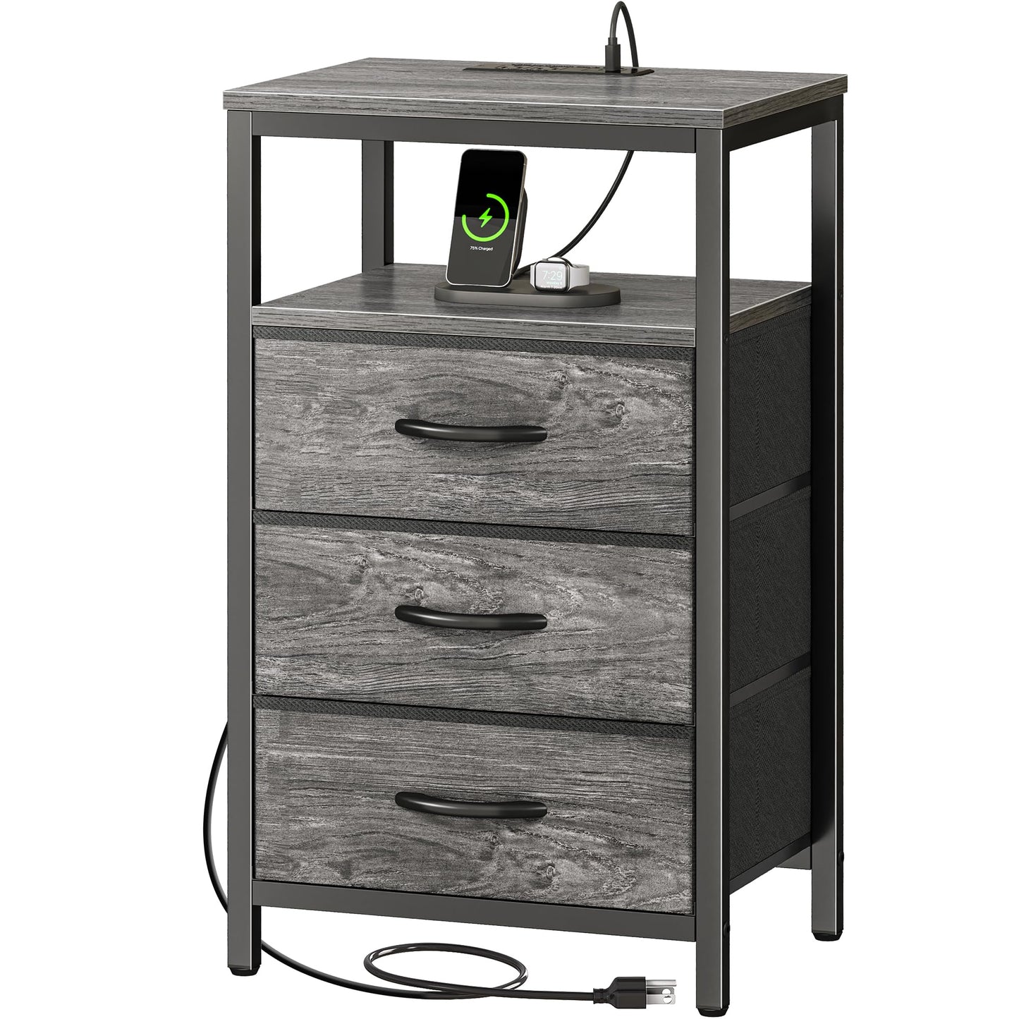 Huuger Nightstand with Charging Station, 27.6 Inch End Table Bedside Table with USB Ports and Outlets, Night Stand for Bedroom, Fabric Drawers, Grey