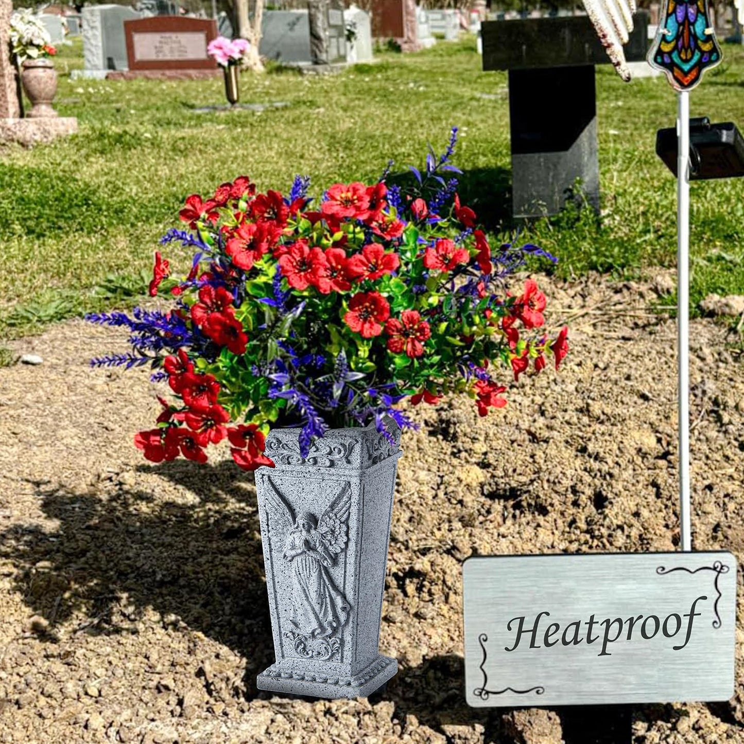 XONOR Cemetery Flowers Vase with Spike, Memorial Grave Vase Resin Flowers Holder for Headstone, Grave, Cemetery, Garden, Lawn, Yard Decorations (2PCS, Grey)
