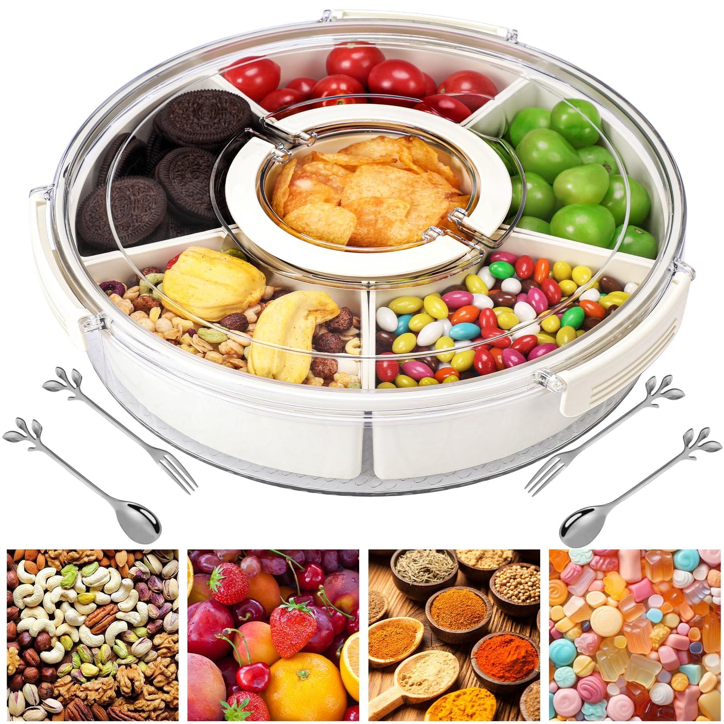 Snackle Box Container Divided Serving Tray with Lid, Handle, Spoon and Fork - Kitchen Portable Spinning Round Stackable Container with 6-Compartment for Veggies, Fruit, Candy, Party, Nuts, Essentials