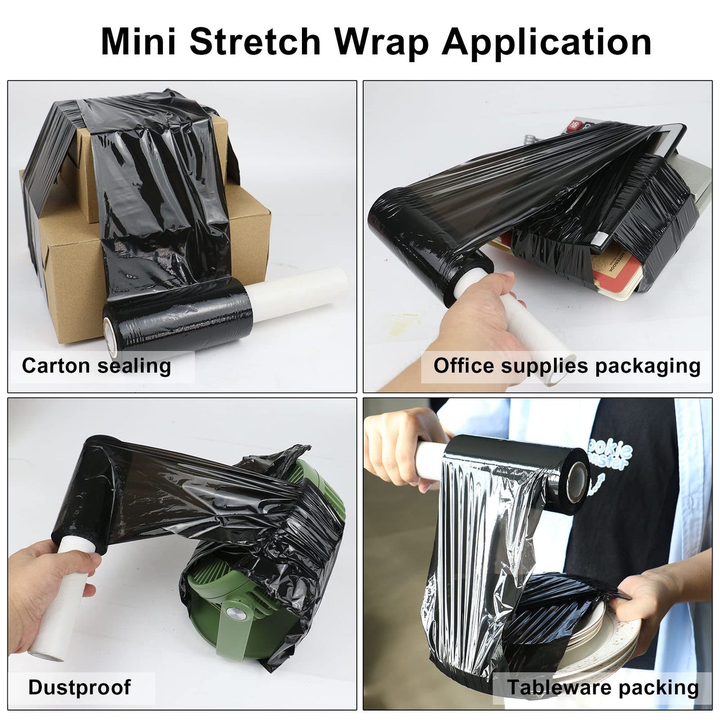 BOMEI PACK 6 Pack Industrial Black Mini Stretch Wrap Roll with Handle, 5" x 1000Feet 80 Gauge for Heavy Duty, Durable Self-Adhering Plastic Wrap for Packing, Moving