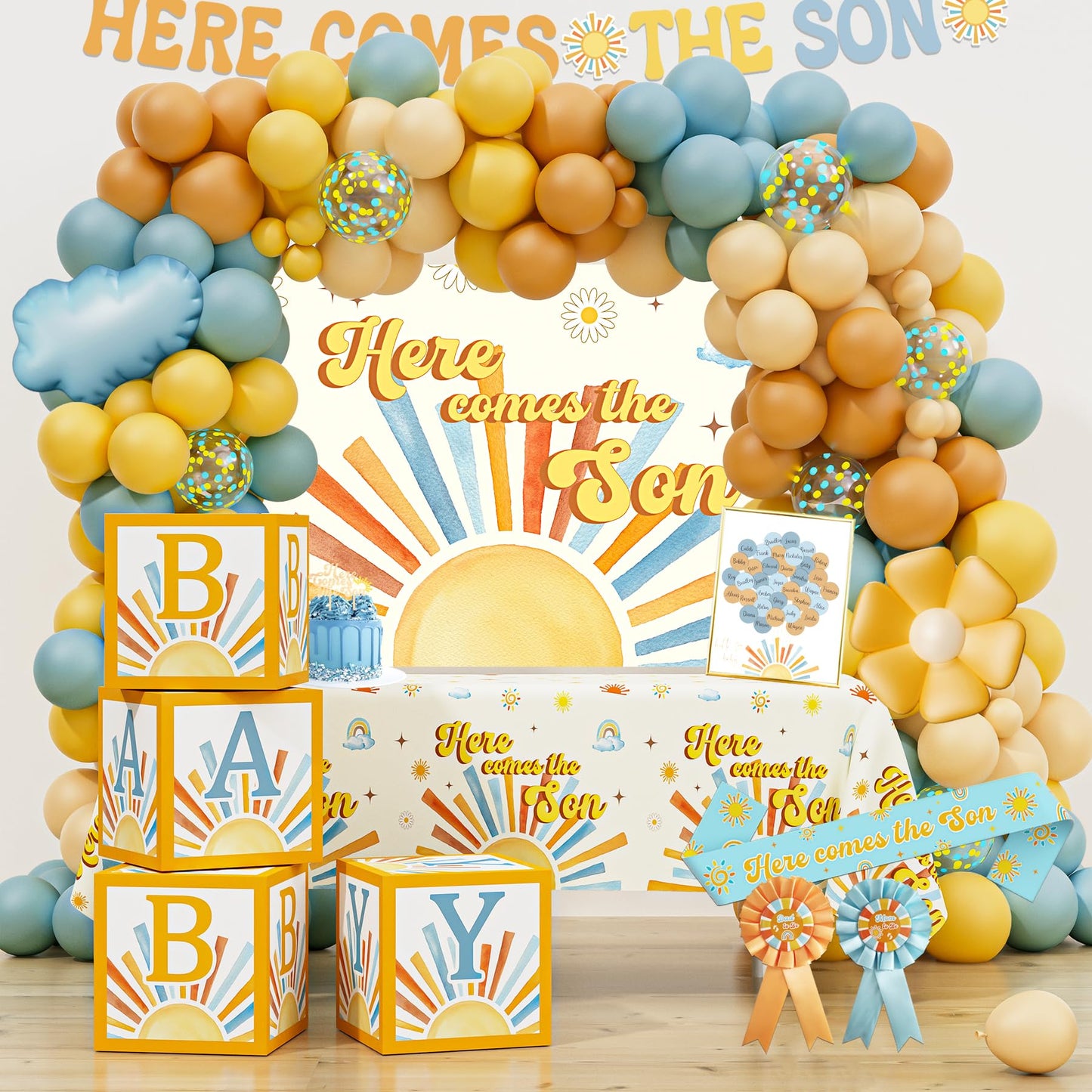 Here Comes the Son Baby Shower Decorations for Boy, Boho Sun Baby Shower Party Supplies, It's A Boy Gender Reveal Décor, Retro Sun You Are My Sunshine Baby Shower
