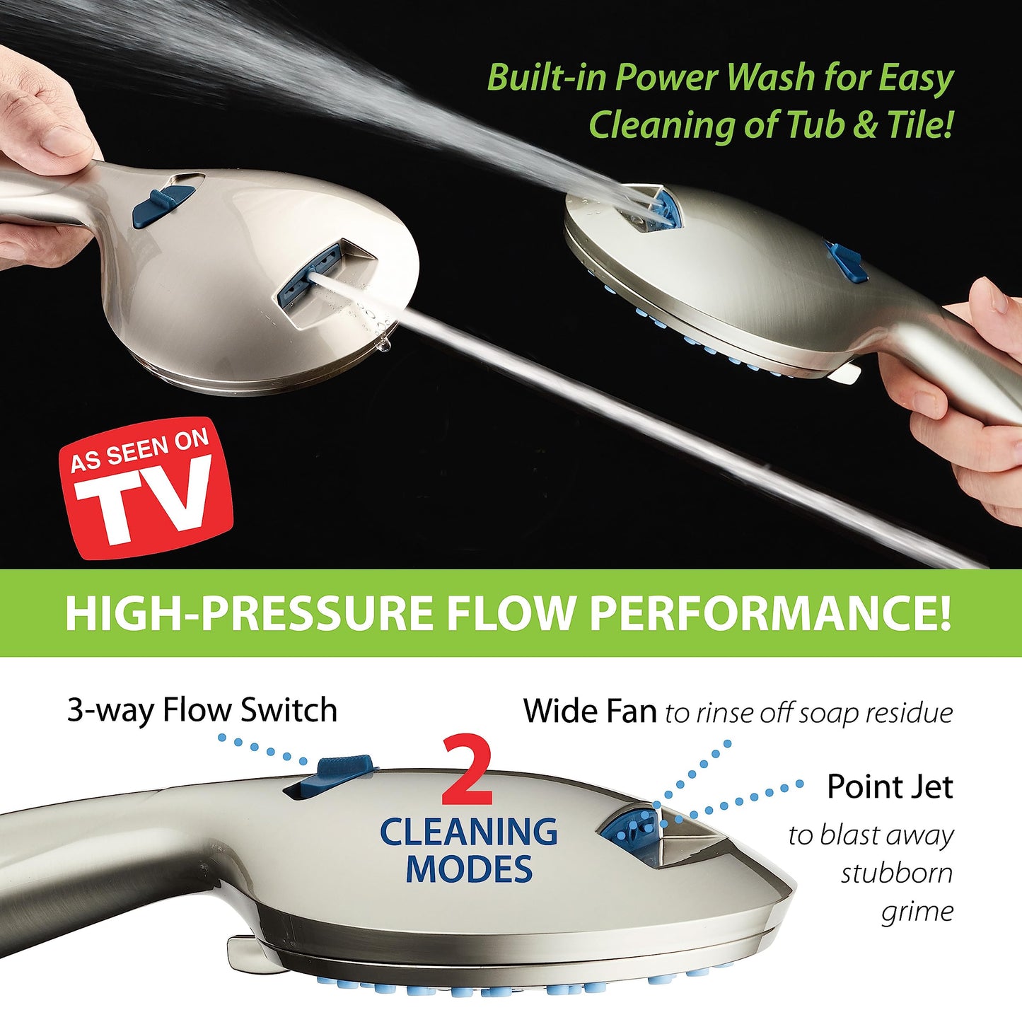 Hotel Spa AquaCare As-Seen-On-TV High Pressure 48-setting Rain & Handheld 3-way Shower Head Combo - Anti-clog Nozzles/Tub, Tile & Pet Power Wash/Extra Long 6 ft. Hose/All Chrome Finish
