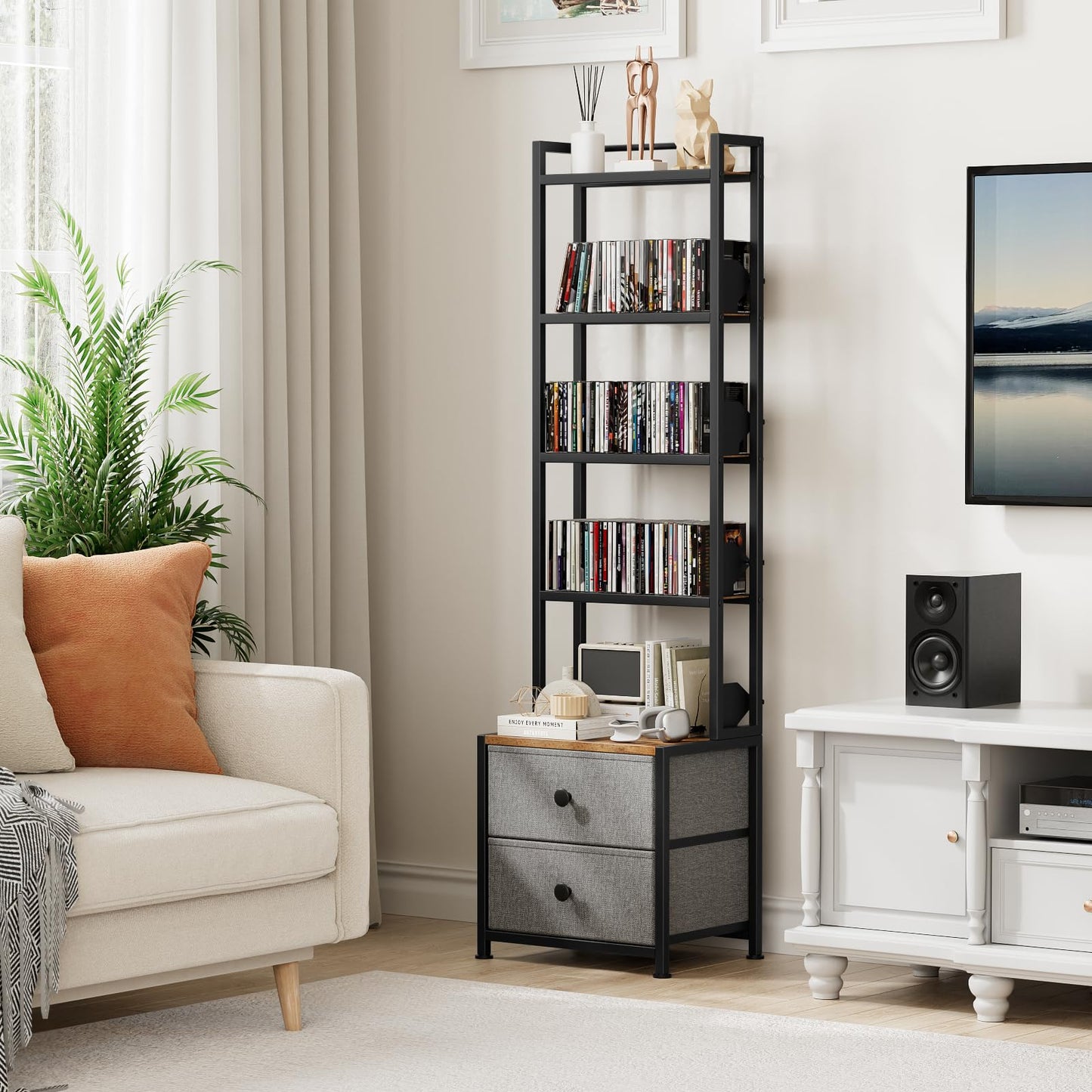 Epouseter CD Storage Rack with Drawer, 5-Tier DVD Organizer Shelf w/Adjustable Book Stoppers, Media Storage Rack for CD/DVD, Books & Games, Ideal for Living Room & Home Office – 15.7x11.8x56.5Inches