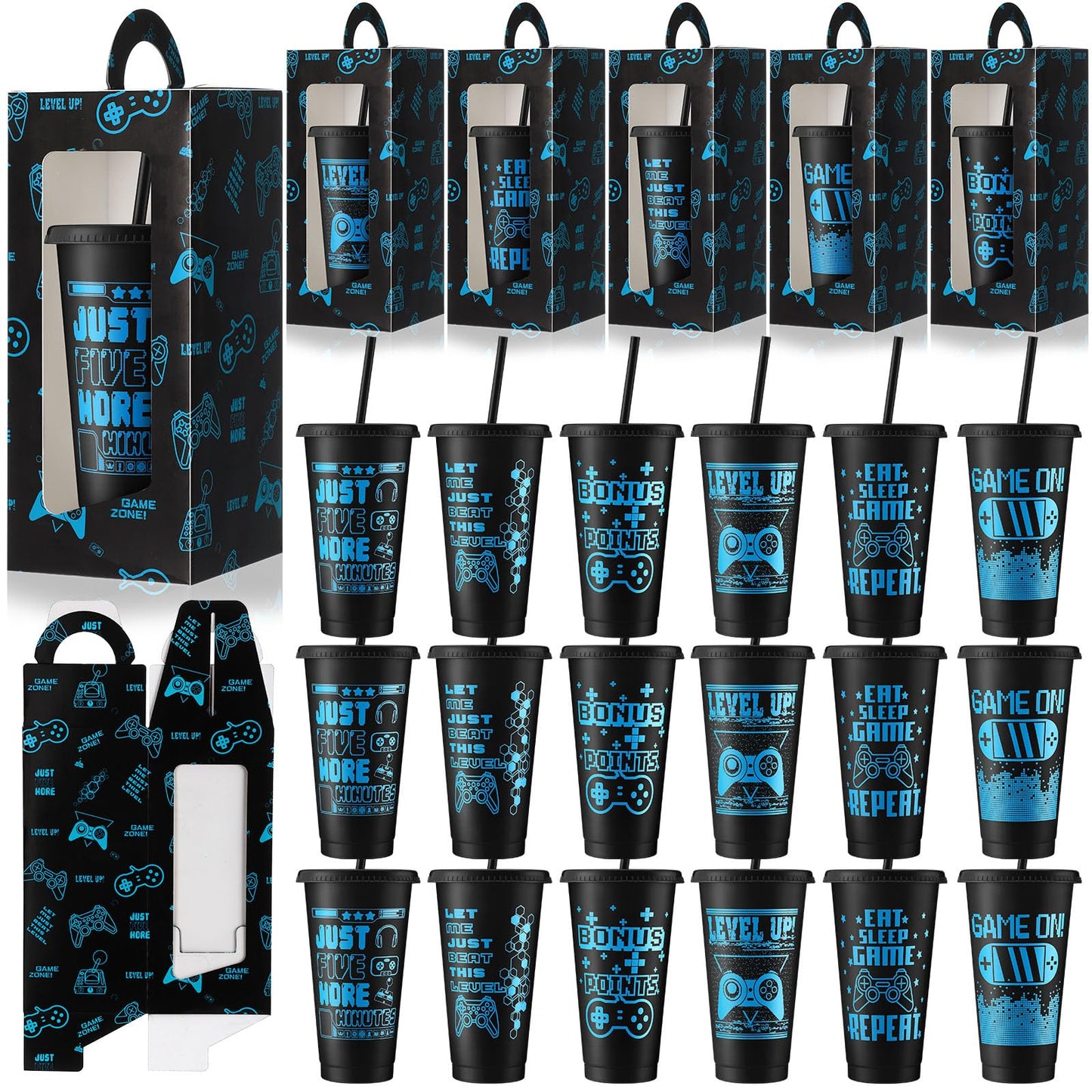 Mifoci 24 Sets Video Game Party Favors 24 oz Gamer Cup with Lids and Straws Gaming Paper Gift Boxes Plastic Reusable Gamer Tumbler for Game Birthday Party Supplies Gifts(Black)