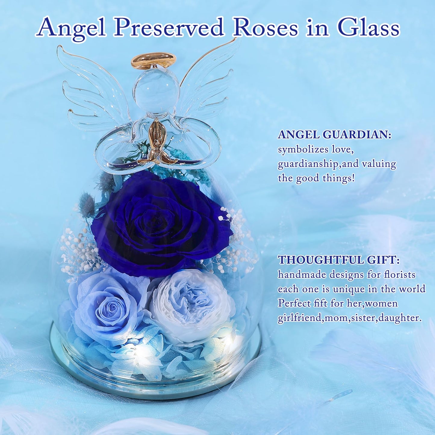 FIACO Gifts for Women Birthday Preserved Rose Forever Flower in Glass Angel Figurines Fresh Flowers for Delivery Prime for Mom Real Roses for Grandma Sister Wife Her from Daughter