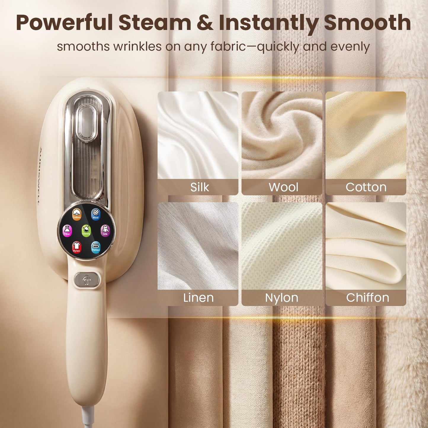 AURISWELL Handheld Steamer for Clothes, 1200W Portable 2-in-1 Garment Steamer & Travel Iron with 7 Modes, 180° Rotatable Handle, Fast 8s Heat-Up, Visual Panel & Self-Clean, 160ml for Home