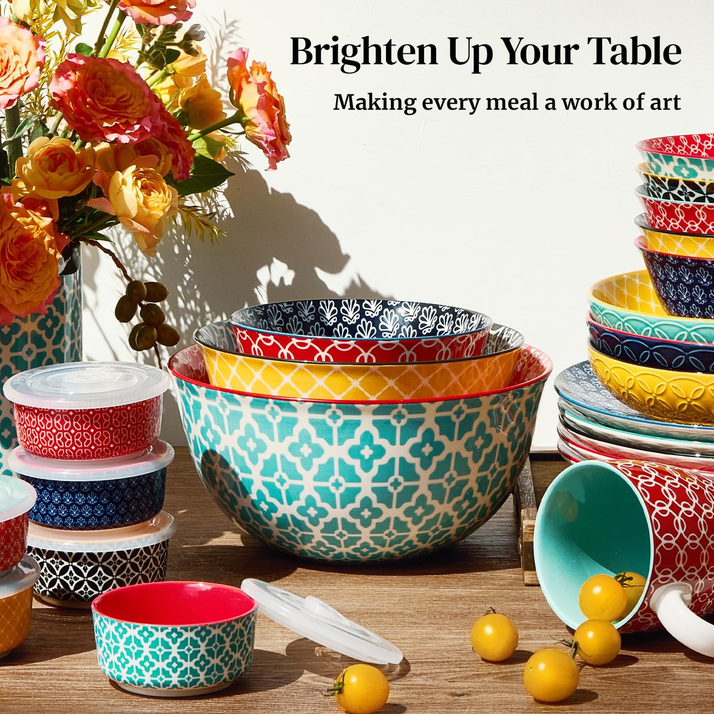 DOWAN Mixing Bowls, Ceramic Mixing Bowls for Kitchen, Colorful Vibrant Nesting Bowls for Cooking, Baking, Prepping, Serving, Salad, Housewarming Gift, Microwave Dishwasher Safe, 3.7/2/1 Qt, Set of 3