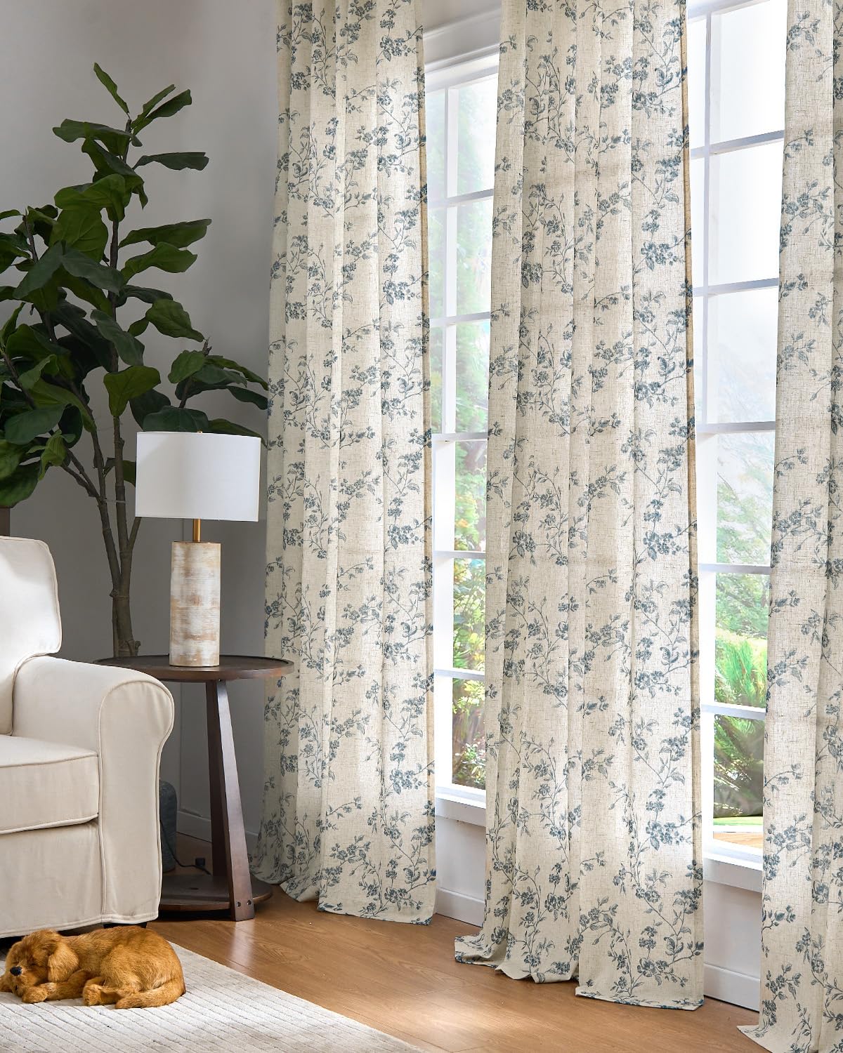 jinchan Linen Floral Curtains for Living Room 84 Inch Length Blue Printed Curtains Back Tab French Country Farmhouse Flower Patterned Drapes Bedroom Window Curtain Set 2 Panels