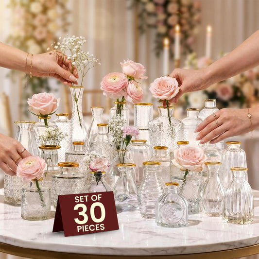 30 Pcs Premium Clear Bud Vases with Gold Rims - Small Bud Vases in Bulk for Table & Wedding Decor - Mini Vases for Flowers, Centerpieces and Home Decorations - Event Styling Vintage Vases
