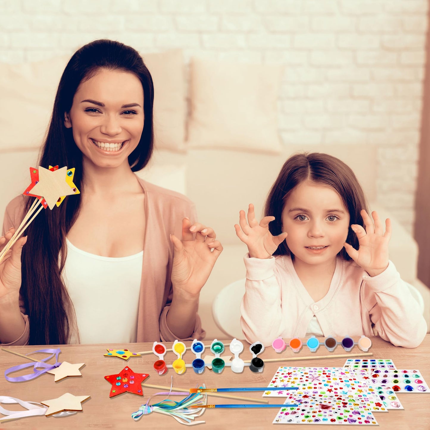 122 Pcs Unfinished Star Princess Fairy Wands Kit Make Your Own Princess Wand DIY Art Craft Magical Wand Include 48 Star Wooden Fairy Wands 24 Gem Stickers 48 Ribbons 12 Markers for Kids Party Supplies