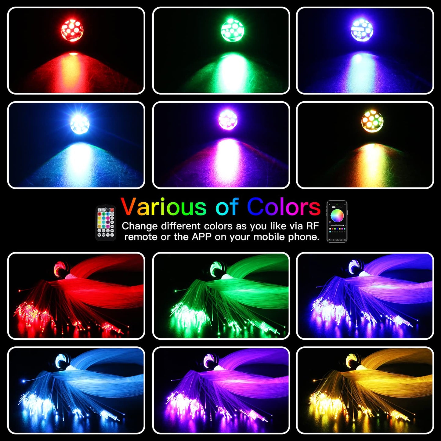 AMKI Updated 16W Starlight Headliner Kits 650pcs 0.03in 9.8ft Twinkle + Music Mode Mixed APP Remote Sound Control Car Home RGBW Fiber Optic Light Star Ceiling Light Kit