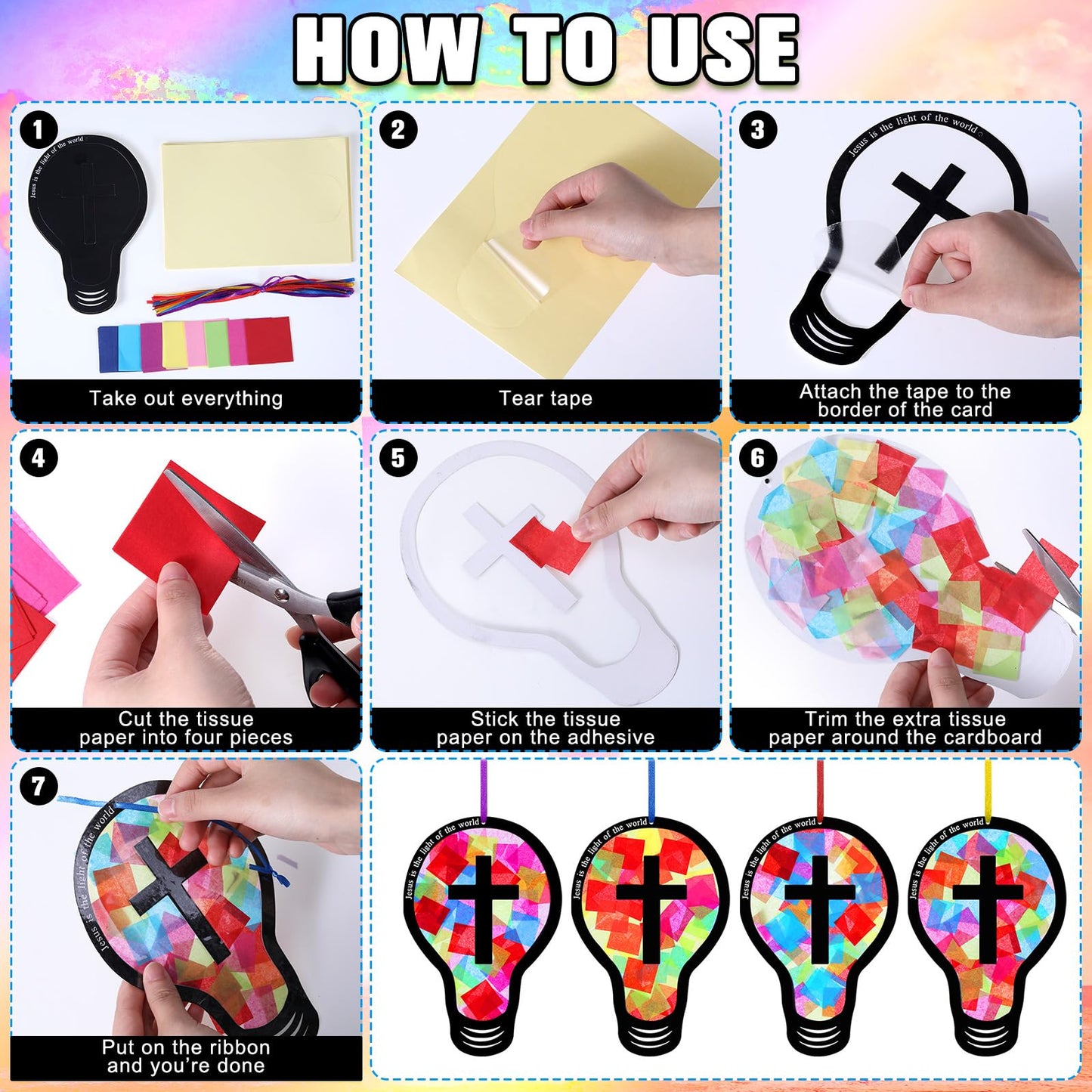 Eaasty Rainbow Light Bulb 48 Sets 2026 Vbs DIY Jesus Light Craft Kit, Illumination Themed Christian Suncatcher Cross Stained Glass Art for Easter Sunday School Back to School Activities