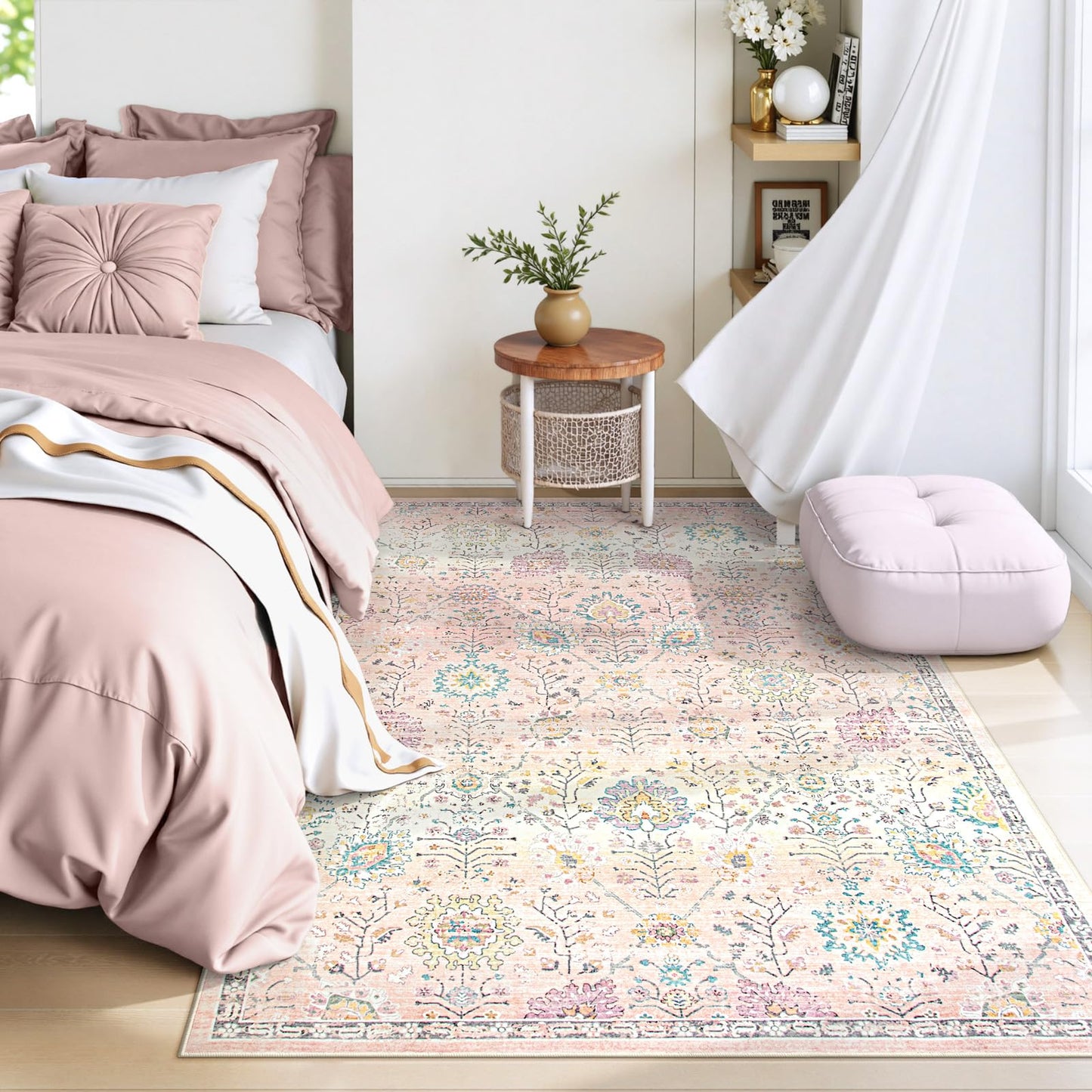 Lahome Flavie Pink Boho Area Rug for Nursery, 5x7 Washable Pink Rugs for Bedroom Girls Kids Room Living Room, Floral Pastel Carpet Non Slip for Teen Toddler Classroom Playroom Dorm, Bedroom Decor
