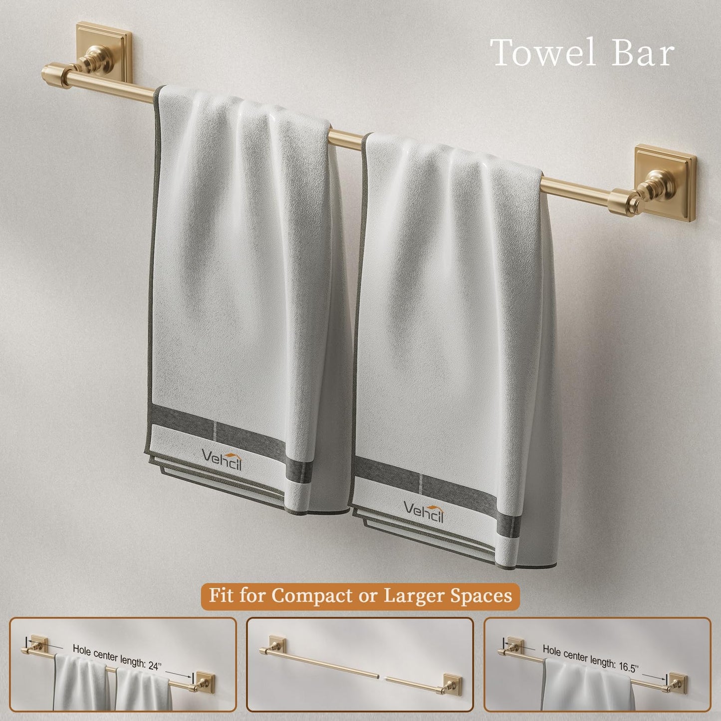 VEHCIL Champagne Gold Bathroom Towel Bar Set, 5 Piece Bathroom Hardware Accessory Set, SUS304 Stainless Steel 24" Towel Rack Holder Set for Bathroom, Wall Mounted