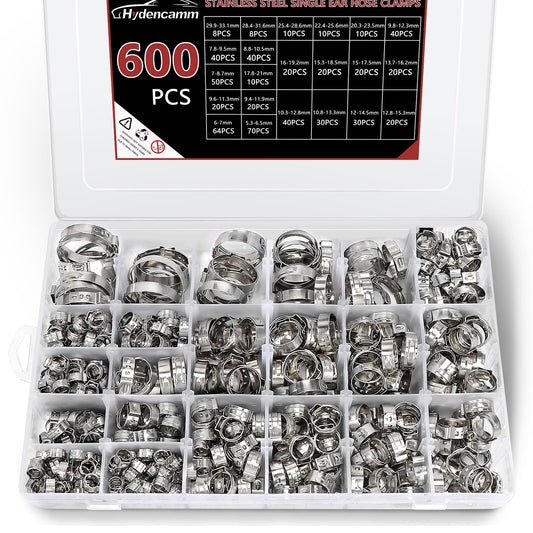 600PCS 22 Sizes Single Ear Hose Clamps, 5.3-33.1mm Crimp Hose Clamps 304 Stainless Steel, Ear Clamp Perfect for Automotive, Home Appliance Line, Pipe Hoses and Industry Use By Hydencamm