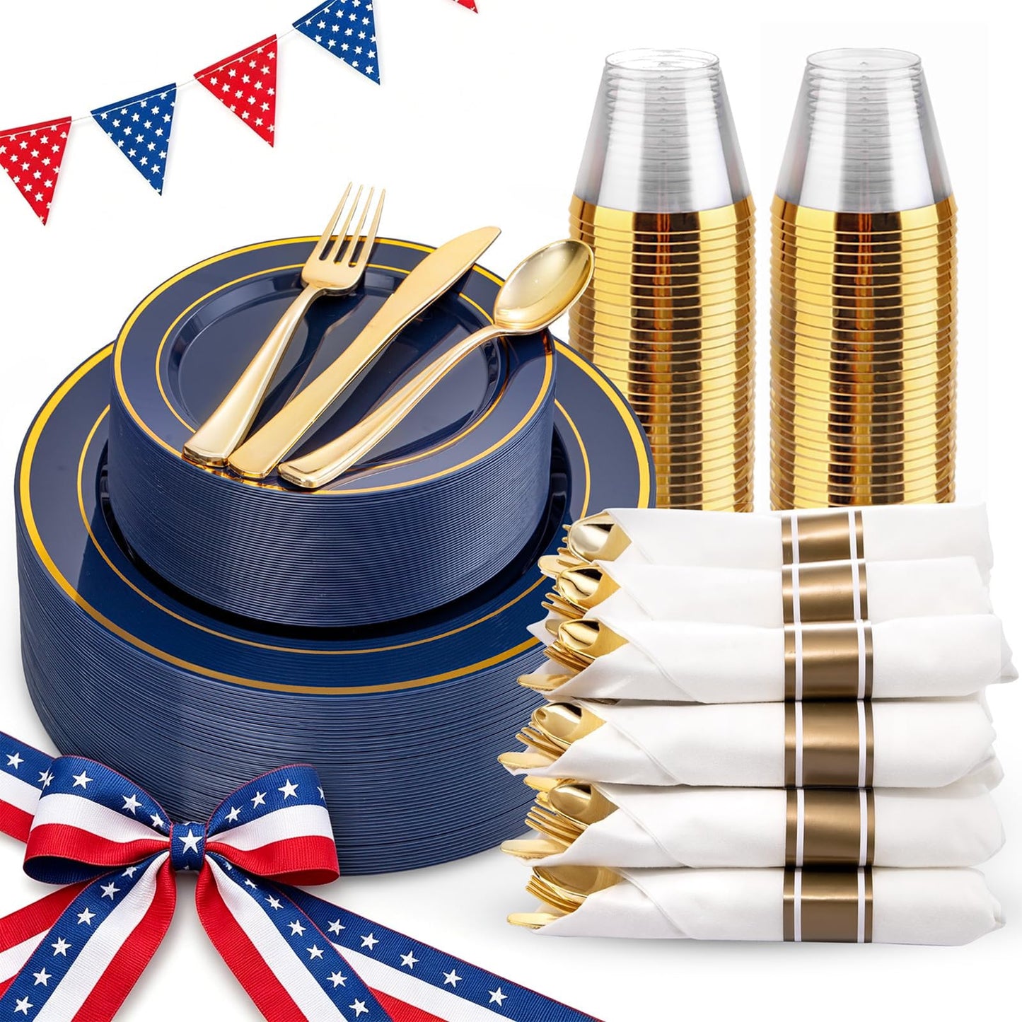 WDF Partyware 175PCS Blue and Gold Plastic Plates - Navy Blue Plates with Pre Rolled Napkins for Party - 25Guest Disposable Dinnerware Sets for Party/Birthday/Wedding/Graduation/4th of July