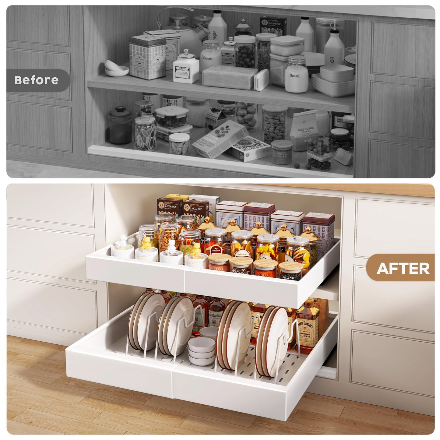 Seinloes 2Pack Pull out Cabinet Organizer 21"Deep with 4 Adjustable Dividers,Expandable（12.1"-20.4"W） Pots and Pans Organizer Under Cabinet with Raising Pad for Framed Cabinets,Slide out Drawers,White