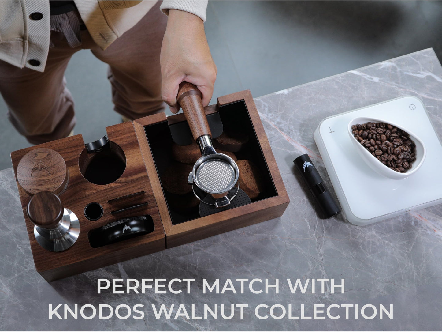 KNODOS Wooden Espresso Knock Box Walnut Dump Bin for Coffee Grounds Disposal Durable, Shock-Absorbent Espresso Machine Accessories, Easy to Clean Tamper Station